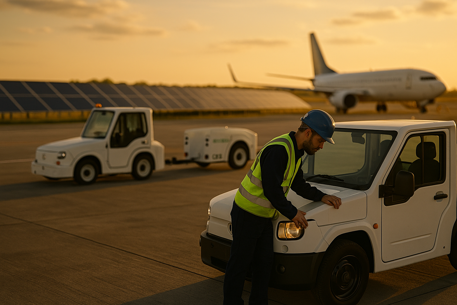 Technicien vérifiant un véhicule électrique de piste devant des panneaux solaires, avion en arrière-plan