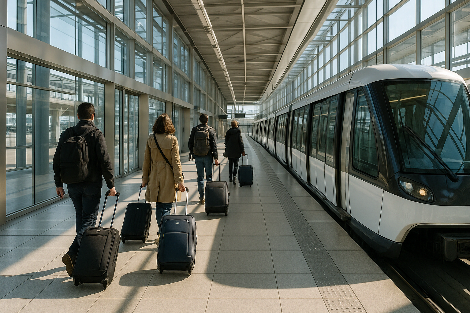 Voyageurs avec bagages sur un quai de métro automatique desservant un aéroport