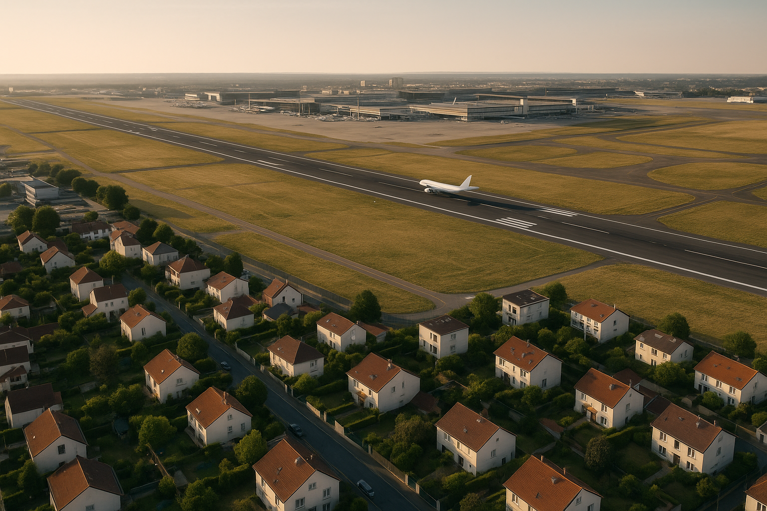 Vue aérienne montrant un quartier pavillonnaire directement au bord d'une piste d'aéroport
