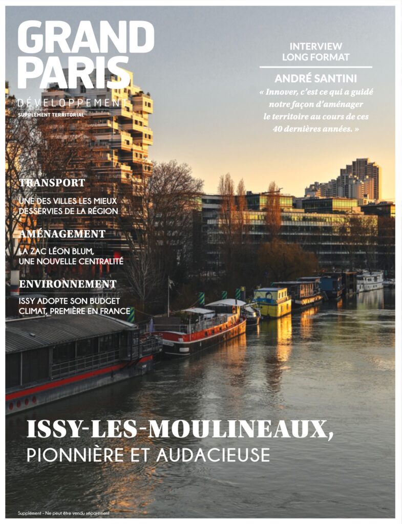 Couverture du supplément territorial Grand Paris Développement consacré à Issy-les-Moulineaux : vue des berges de Seine au coucher du soleil